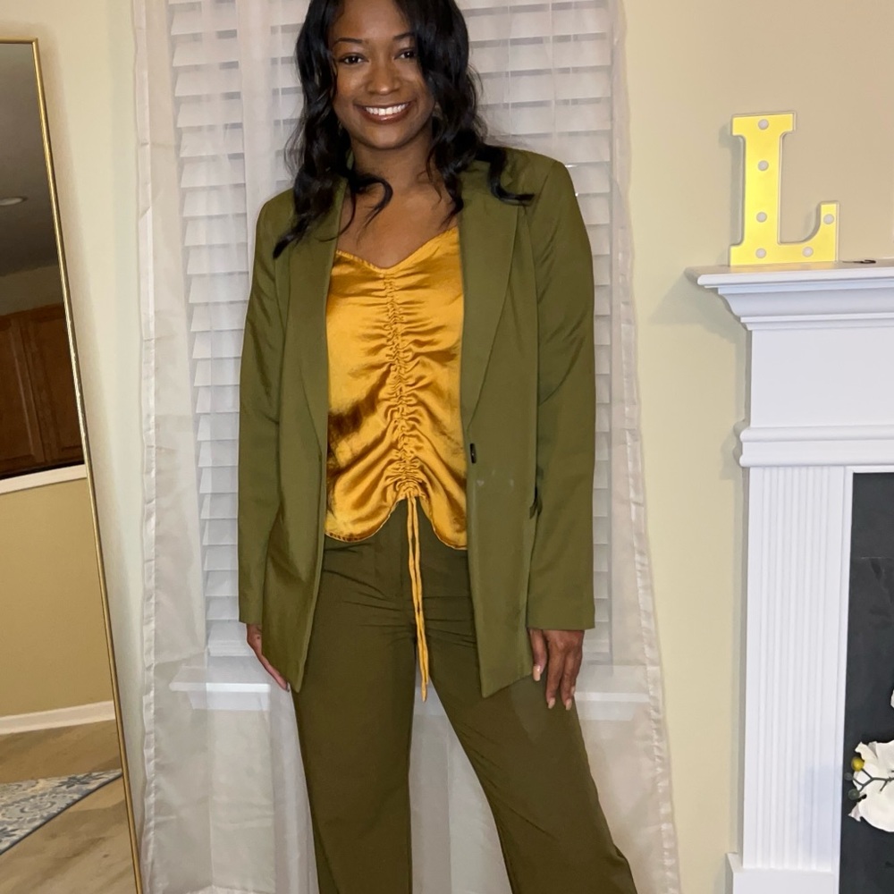 Olive Green Women's Suit Pants - Styled with Mustard Satin Top